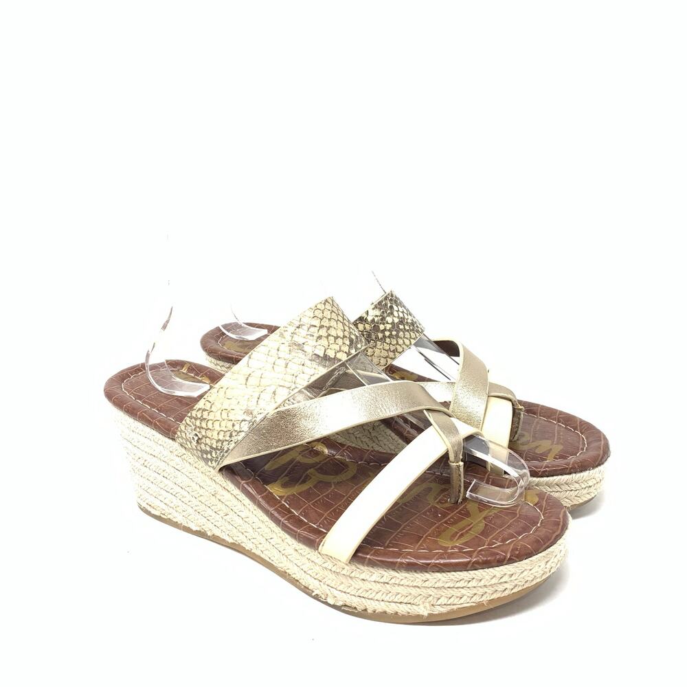Sam Edelman Raleigh 9 Gold Metallic Snake Print Leather Strappy Wedge Espadrille